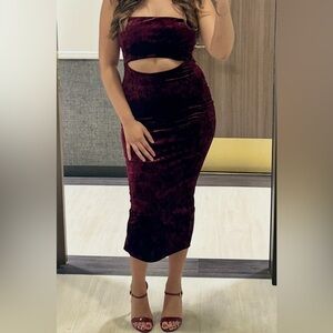 Lulu's Velvet Burgundy Midi Pencil Dress with Cut Out